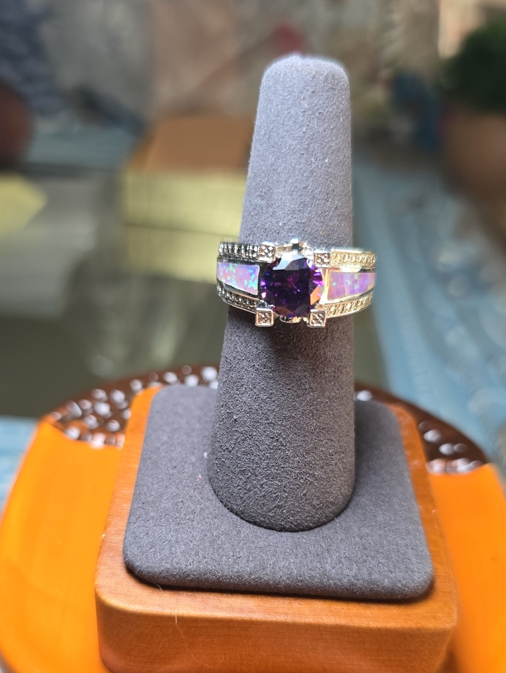 Sterling Silver Purple Gemstone and Opal Inlay Ring